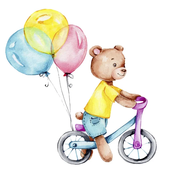 Cartoon teddy bear rides on the bicycle and balloons; watercolor hand draw illustration; can be used for baby shower or kid poster; with white isolated background