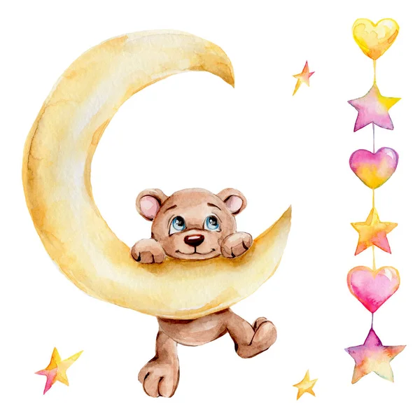 Little Teddy Bear Yellow Moon Yellow Pink Hearts Stars Watercolor — Stock Photo, Image