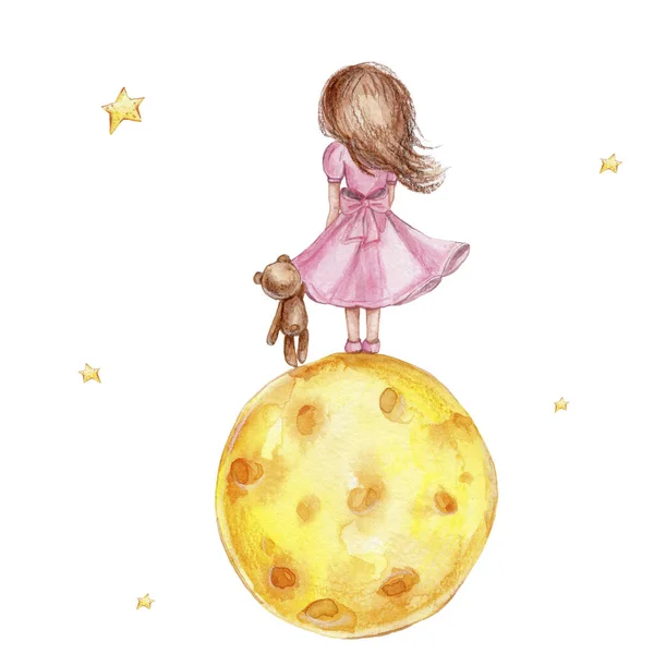 Niña Vestido Rosa Con Oso Peluche Pie Luna Amarilla Ilustración —  Fotos de Stock