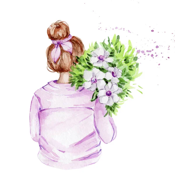 Dziewczyna Purpurowych Ubraniach Bukietem Kwiatów Akwarela Ręka Rysować Ilustrację Białym — Zdjęcie stockowe