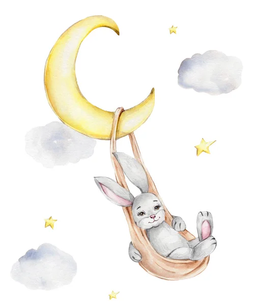 Cartoon Cute Bunny Swinging Moon Watercolor Hand Draw Illustration Can — Stock Photo, Image