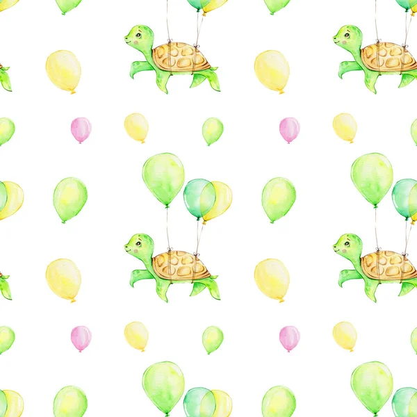 Seamless pattern with cartoon sea turtles and yellow, pink and green balloons; can be used for cards and invitations; watercolor hand draw illustration; with white isolated background