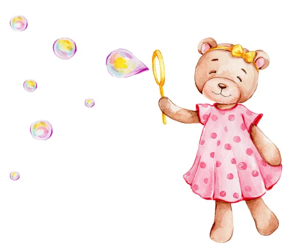 Jolie Fille Ours Peluche Robe Rose Soufflant Des Bulles Illustration — Photo