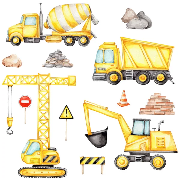 Velký Set Stavebními Vozidly Silničními Značkami Akvarel Ručně Kreslené Ilustrace — Stock fotografie