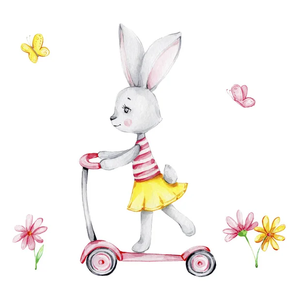 Cute cartoon bunny girl on scooter and pink and yellow flowers and butterflies; watercolor hand draw illustration; can be used for cards or kid posters; with white isolated background