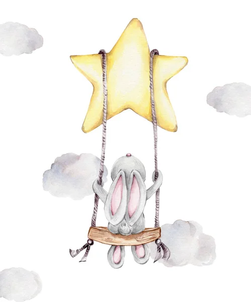卡通可爱的兔子在星辰上荡秋千 水彩画插图 可用于卡片或儿童海报 具有白色孤立的背景 — 图库照片