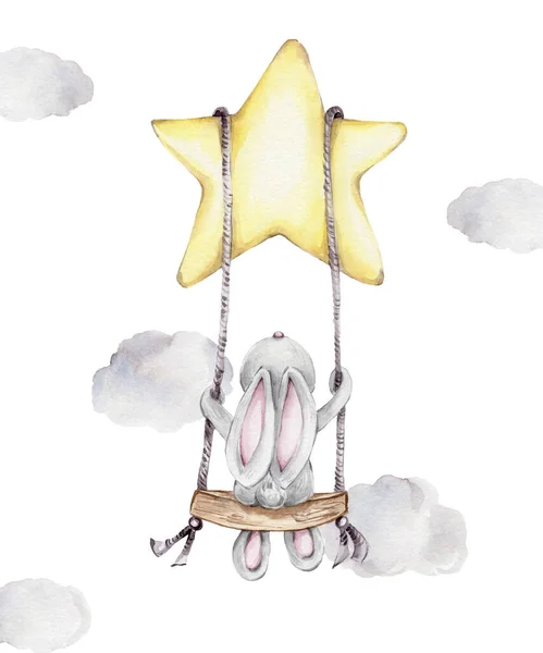 Cartoon cute bunny on the swing on the star; watercolor hand draw illustration; can be used for cards or kid posters; with white isolated background