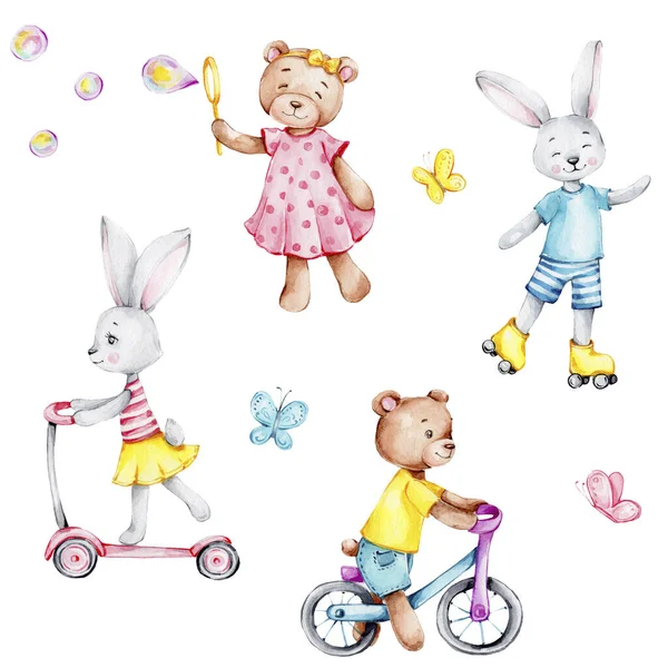 かわいいウサギとテディのセットスクーター 自転車やローラースケートや蝶 水彩手描きイラスト カードや子供のポスターのために使用することができます — ストック写真