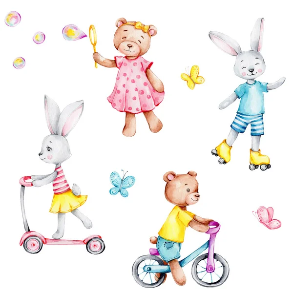 Set of cute little bunny and teddy on scooter, bicycle and roller skate and butterflies; watercolor hand draw illustration; can be used for cards or kid posters; with white isolated background
