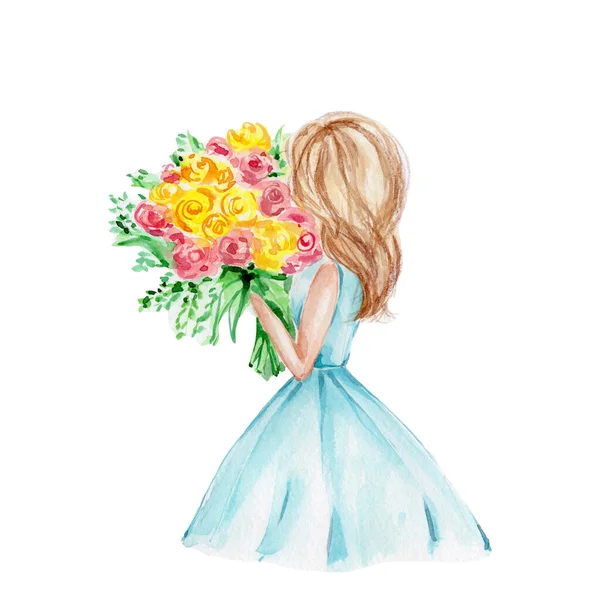 Young Girl Blue Dress Big Flowers Bouquet Watercolor Hand Draw — Stock Photo, Image