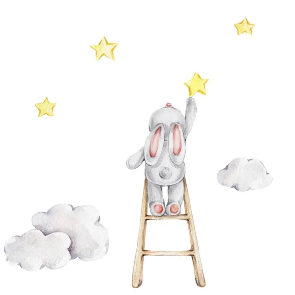 Cute cartoon bunny on the stairs and yellow stars and clouds; watercolor hand draw illustration; can be used for kid posters or baby shower; with white isolated background