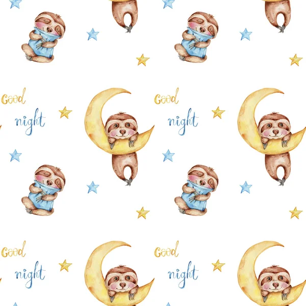 Seamless pattern with cute cartoon sloths and blue and yellow stars and lettering \