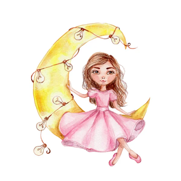 Menina Vestido Rosa Sentado Lua Amarela Aquarela Desenho Ilustração Mão — Fotografia de Stock