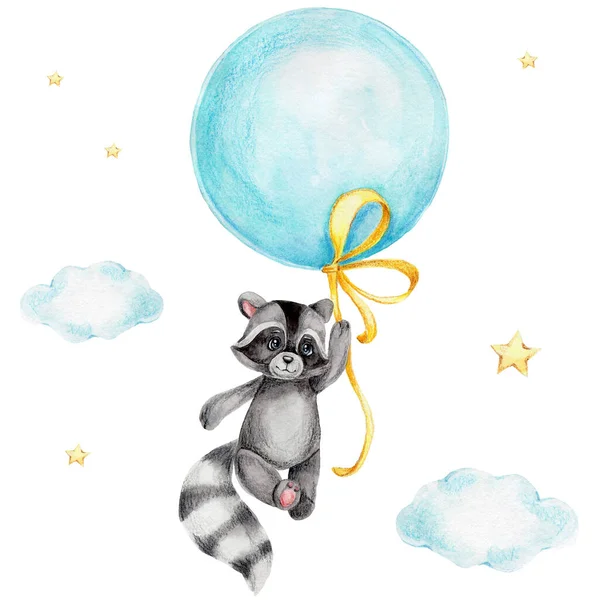 Cute cartoon raccoon flying on a blue air balloon; watercolor and colored pencils illustration; with white isolated background