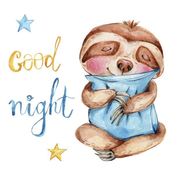 Cute Cartoon Sloth Blue Pillow Blue Yellow Stars Lettering Good — Stock Photo, Image