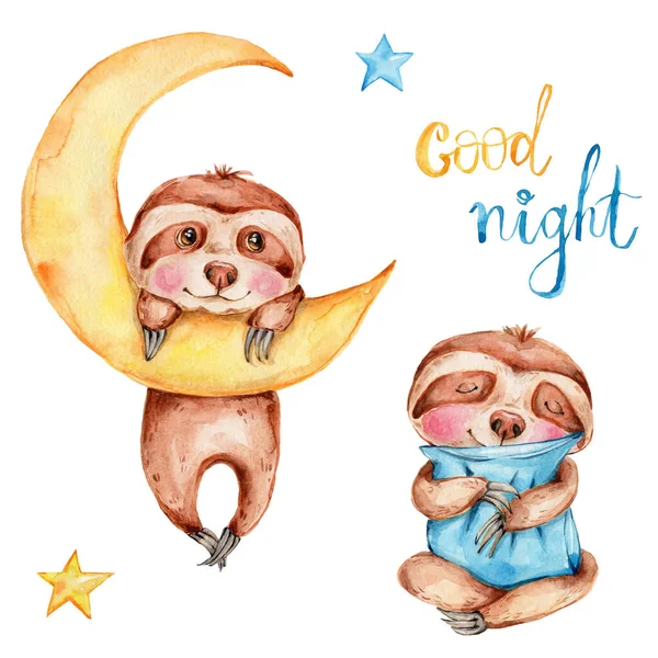 Set of two cute sloths, pillow, stars and moon, and lettering \
