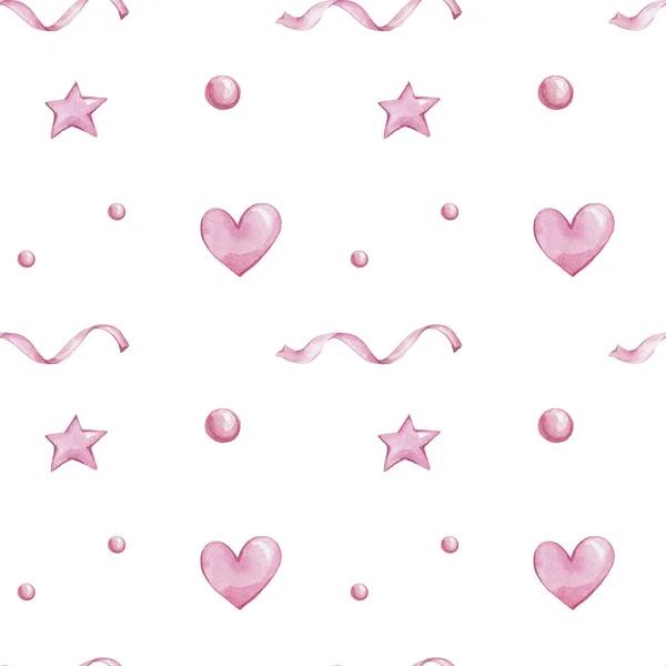 Безшовний Візерунок Рожеві Серця Акварельна Рука Малює Ілюстрацію Білим Ізольованим — стокове фото