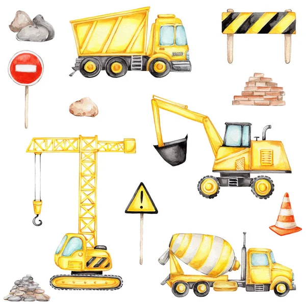 Big set with construction vehicles and road signs; watercolor hand drawn illustration; can be used for kid posters; with white isolated background