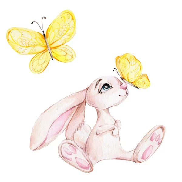 黄色の蝶とかわいいウサギ 水彩手描きイラスト イースターカードのために使用することができます — ストック写真