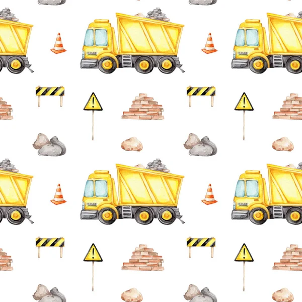 Padrão Sem Costura Com Caminhão Amarelo Sinais Construção Pedras Cone — Fotografia de Stock
