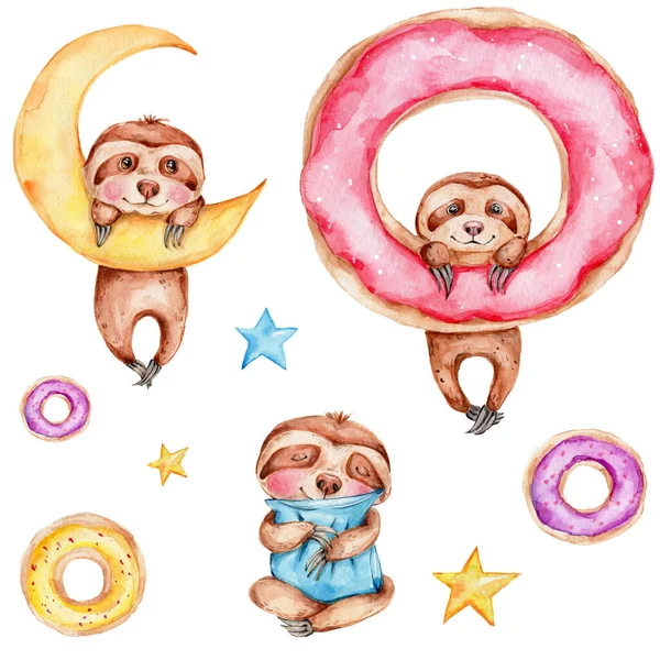 Set with cute cartoon sloths and donuts, moon, stars, pillow; watercolor hand draw illustration; can be used for baby shower; with white isolated background