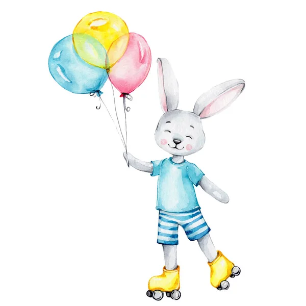 ローラースケートや風船で漫画のウサギの乗り物 水彩手描きイラスト 赤ちゃんのシャワーや子供のポスターのために使用することができます — ストック写真