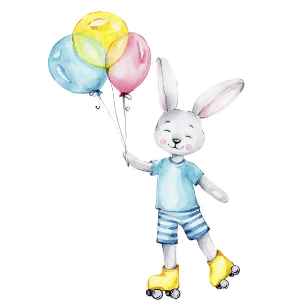 Cartoon bunny rides on roller skate and balloons; watercolor hand draw illustration; can be used for baby shower or kid poster; with white isolated background