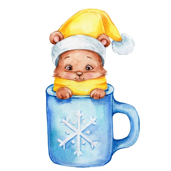 Маленький Плюшевий Ведмедик Синій Чашці Акварельна Ілюстрація Рук Може Бути — стокове фото