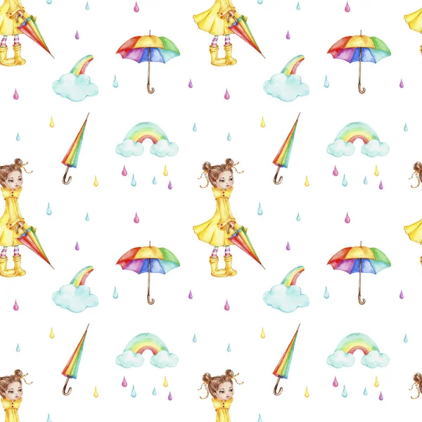 Bezešvé Vzor Holčičkou Barevné Deštníky Mraky Duhy Déšť Akvarel Ruční — Stock fotografie