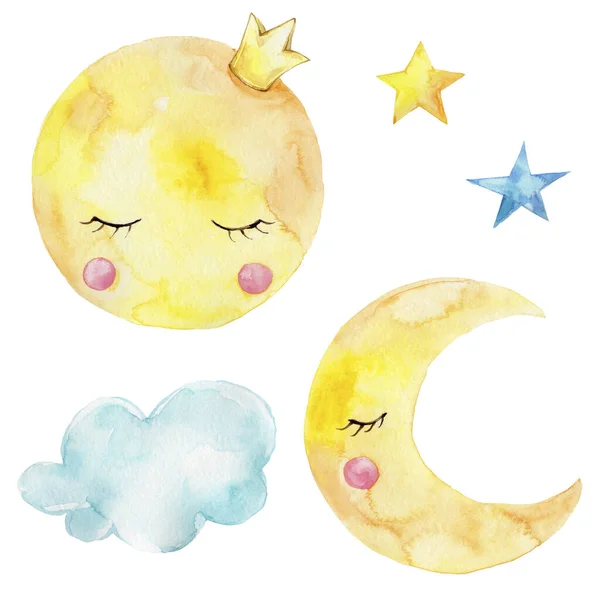 可爱的卡通月亮 星星和云彩 水彩画插图 可用于婴儿淋浴 具有白色孤立背景 — 图库照片