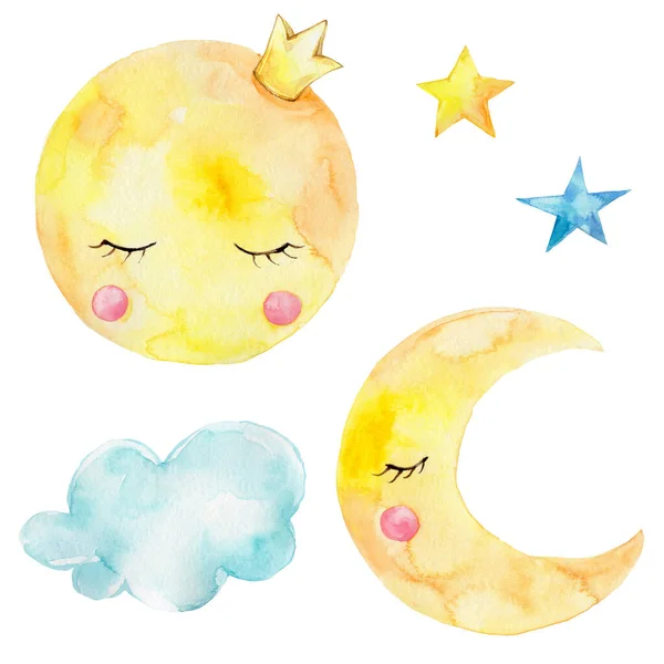 Cute Cartoon Moon Stars Cloud Watercolor Hand Draw Illustration Can — Stock Photo, Image