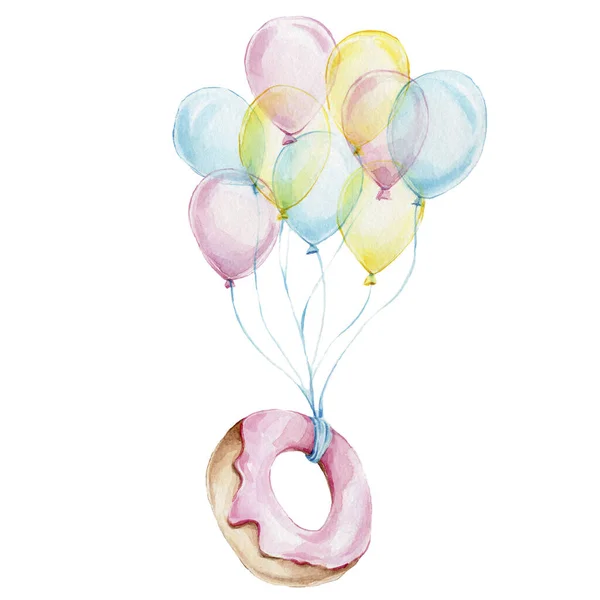 Donut Rosa Balões Coloridos Ilustração Desenho Mão Aquarela Pode Ser — Fotografia de Stock