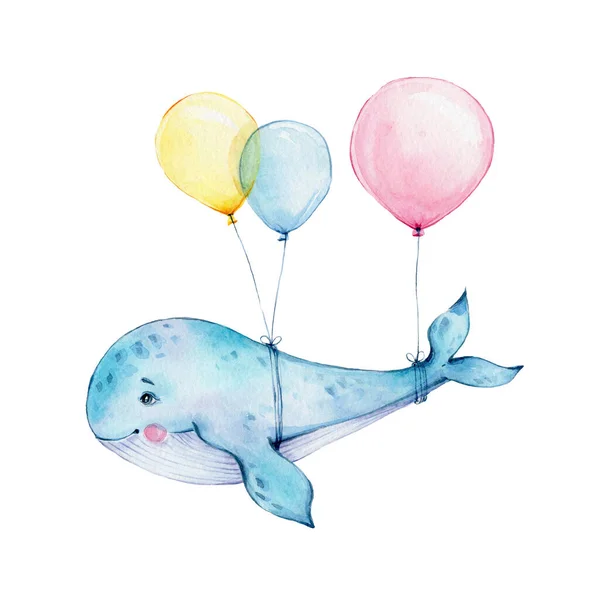 Pembe, mavi ve sarı balonları olan şirin karikatür balinaları; bebek partisi ve kartları için kullanılabilir; suluboya el çizimi örnekleri; beyaz izole edilmiş arka plan