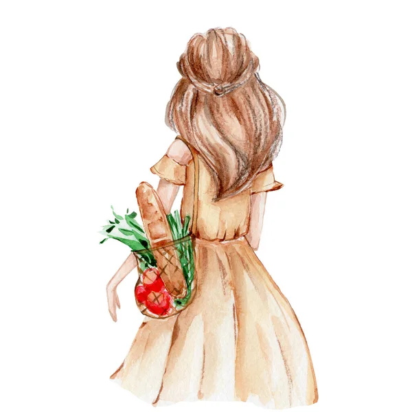 Chica Joven Con Bolsa Comestibles Ilustración Dibujo Mano Acuarela Con —  Fotos de Stock