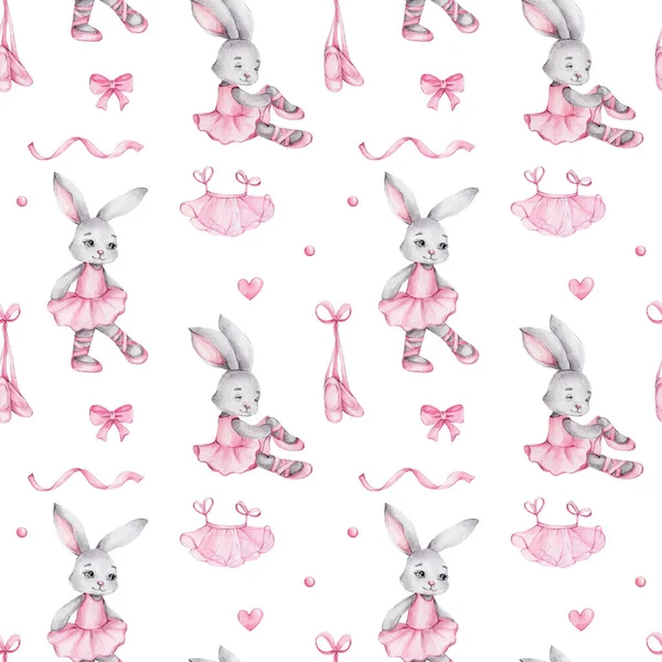 Seamless pattern bunny ballerina, pink pointe shoes, ballet skirt, bow; watercolor hand draw illustration; with white isolated background