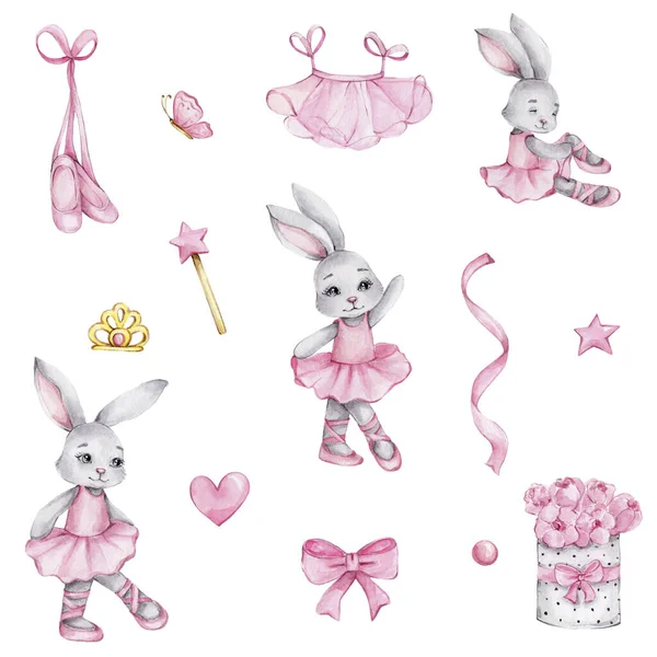 Ballet set with cute bunnies ballerinas, tutu skirt, pointe shoes, flowers, butterfly, heart, bow, butterfly, magic wand, star, crown; watercolor hand draw illustration; with white isolated background