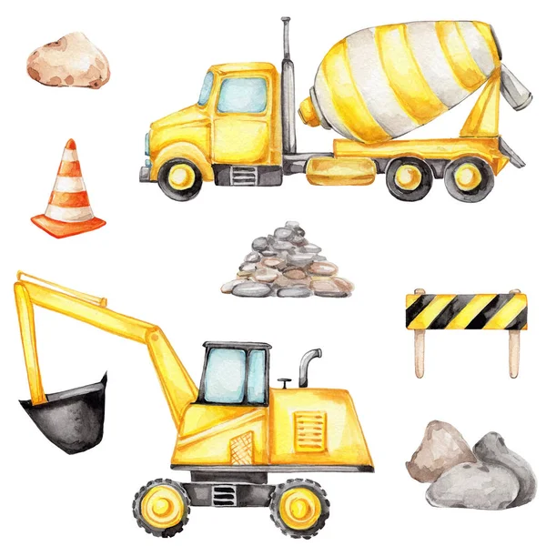 Beton Mixer Verkeersborden Stenen Bakstenen Aquarel Hand Tekenen Illustratie Met — Stockfoto