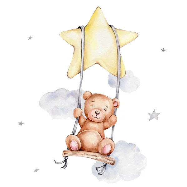 Cute Teddy Bear Swinging Swing Star Watercolor Hand Draw Illustration — Stock Photo, Image