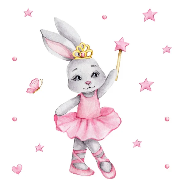 Cute little ballerina bunny princess and magic wind with star and butterfly; watercolor hand draw illustration; with white isolated background