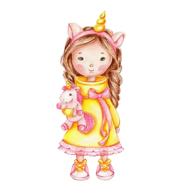 Menina Com Boneca Vestido Amarelo Unicórnio Rosa Aquarela Desenho Ilustração — Fotografia de Stock