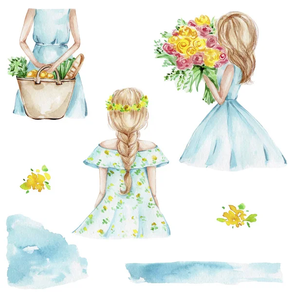 Conjunto Tres Niñas Vestidos Azules Flores Amarillas Manchas Azules Ilustración —  Fotos de Stock