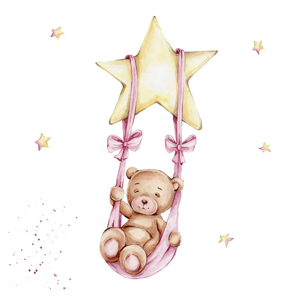 Cute Teddy Bear Girl Swinging Swing Star Watercolor Hand Draw — Stock Photo, Image