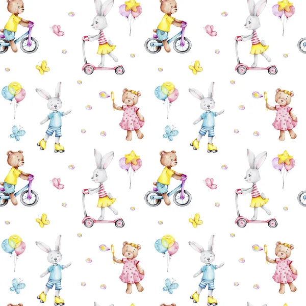 Seamless Pattern Cute Cartoon Bears Bunnies Bicycles Scooters Colorful Balloons — Stock Photo, Image