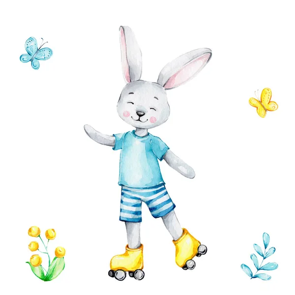 ローラースケートと青と黄色の花や蝶のかわいい漫画のウサギの少年 水彩手のイラストを描く カードや子供のポスターのために使用することができます — ストック写真