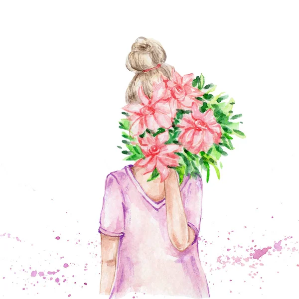 Girl in purple clothes with a bouquet of flowers; watercolor hand draw illustration; with white isolated background