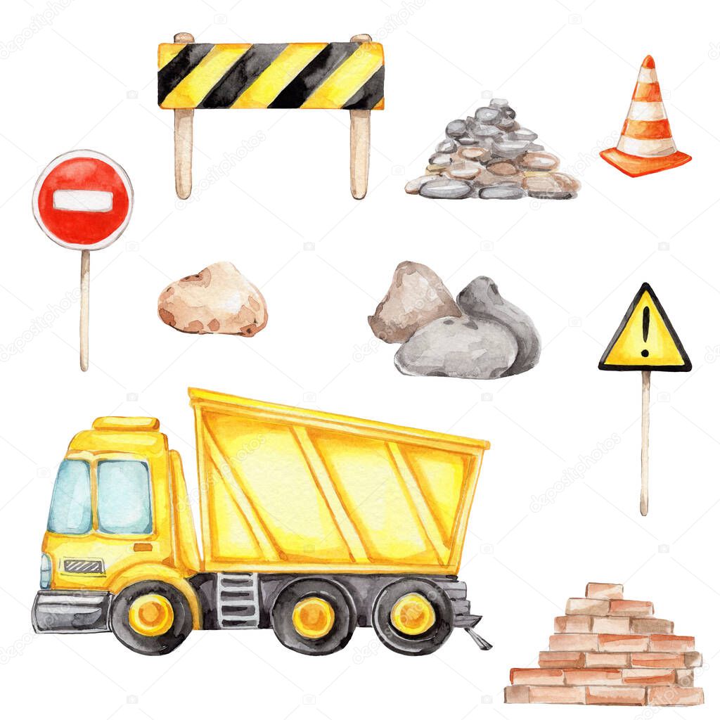Yellow truck and road signs, stones, cone; watercolor hand draw illustration; can be used for kid posters or stickers; with white isolated background