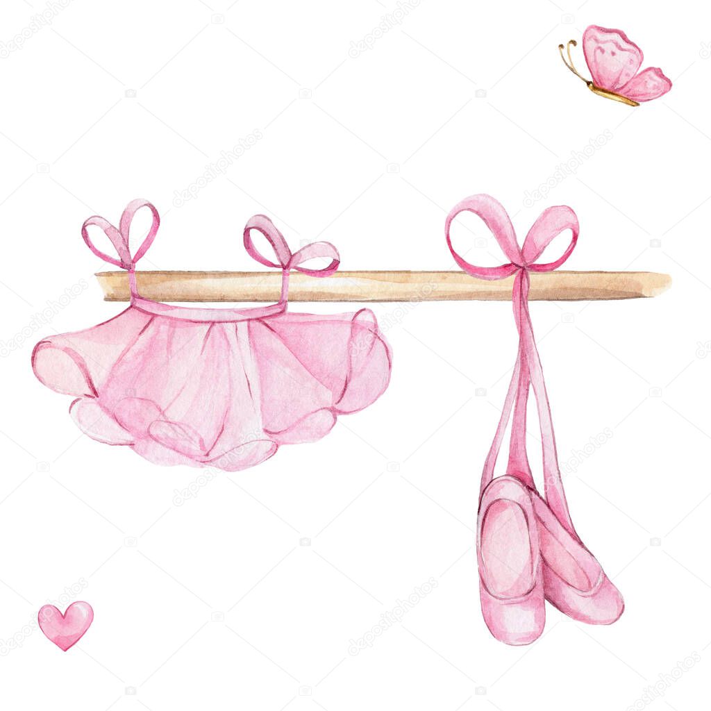Pink tutu skirt and pointe shoes hang on ballet barre and butterfly; watercolor hand draw illustration; can be used for cards or kid posters; with white isolated background