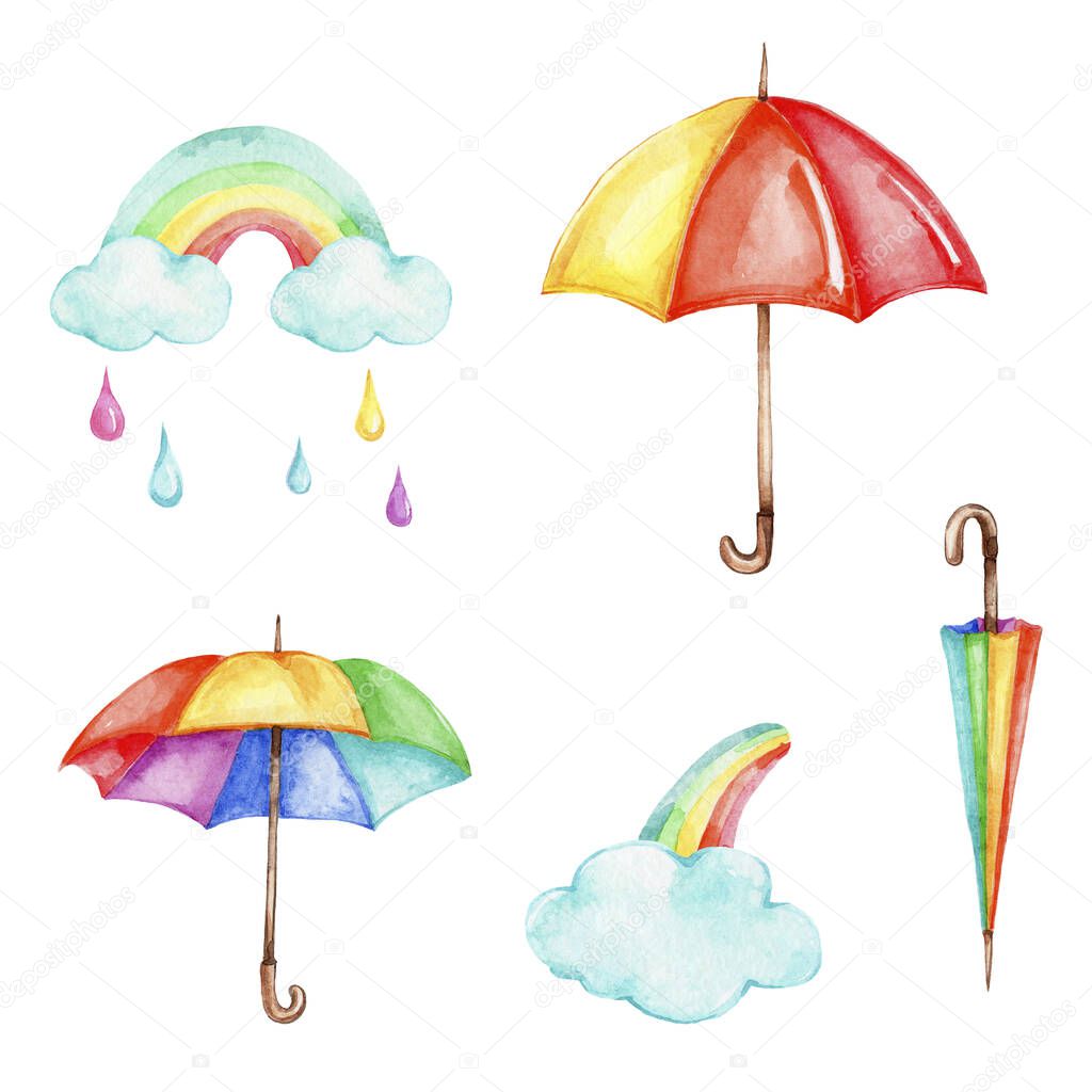 Colorful umbrellas, rainbows and clouds; watercolor hand draw illustration; with white isolated background