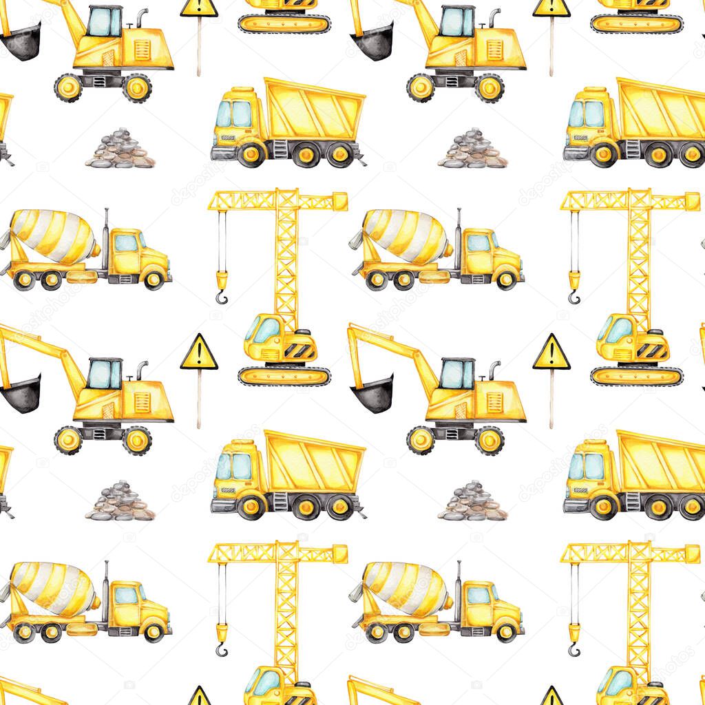 Seamless pattern with excavator, truck, concrete mixer; watercolor hand draw illustration; with white isolated background