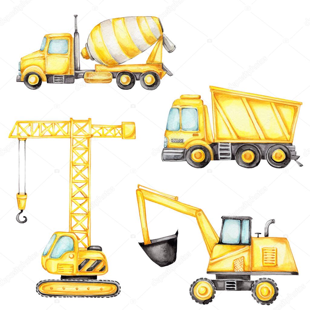 Concrete mixer, crane, truck and excavator; watercolor hand draw illustration; can be used for kid posters or stickers; with white isolated background